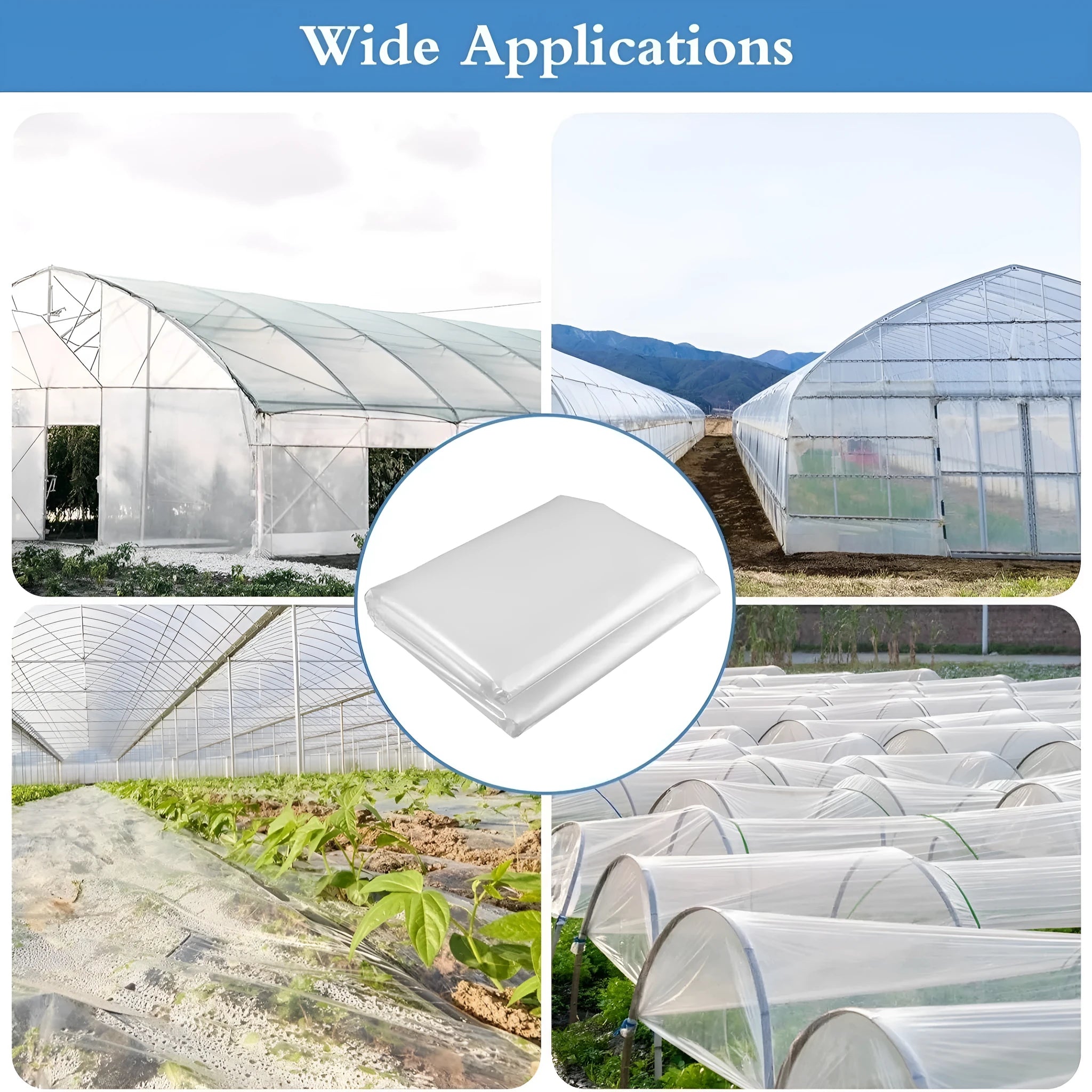 Roll of 4 metre wide, 8 metre long clear plastic greenhouse film for vegetable shed insulation.