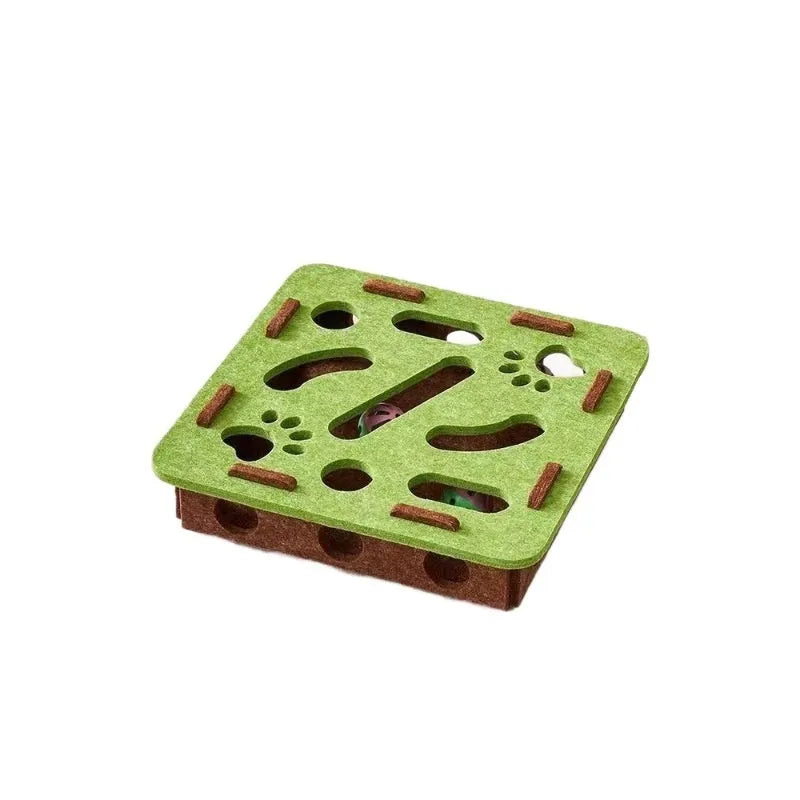 Green brown felt cat puzzle box with holes for pawing and mental stimulation