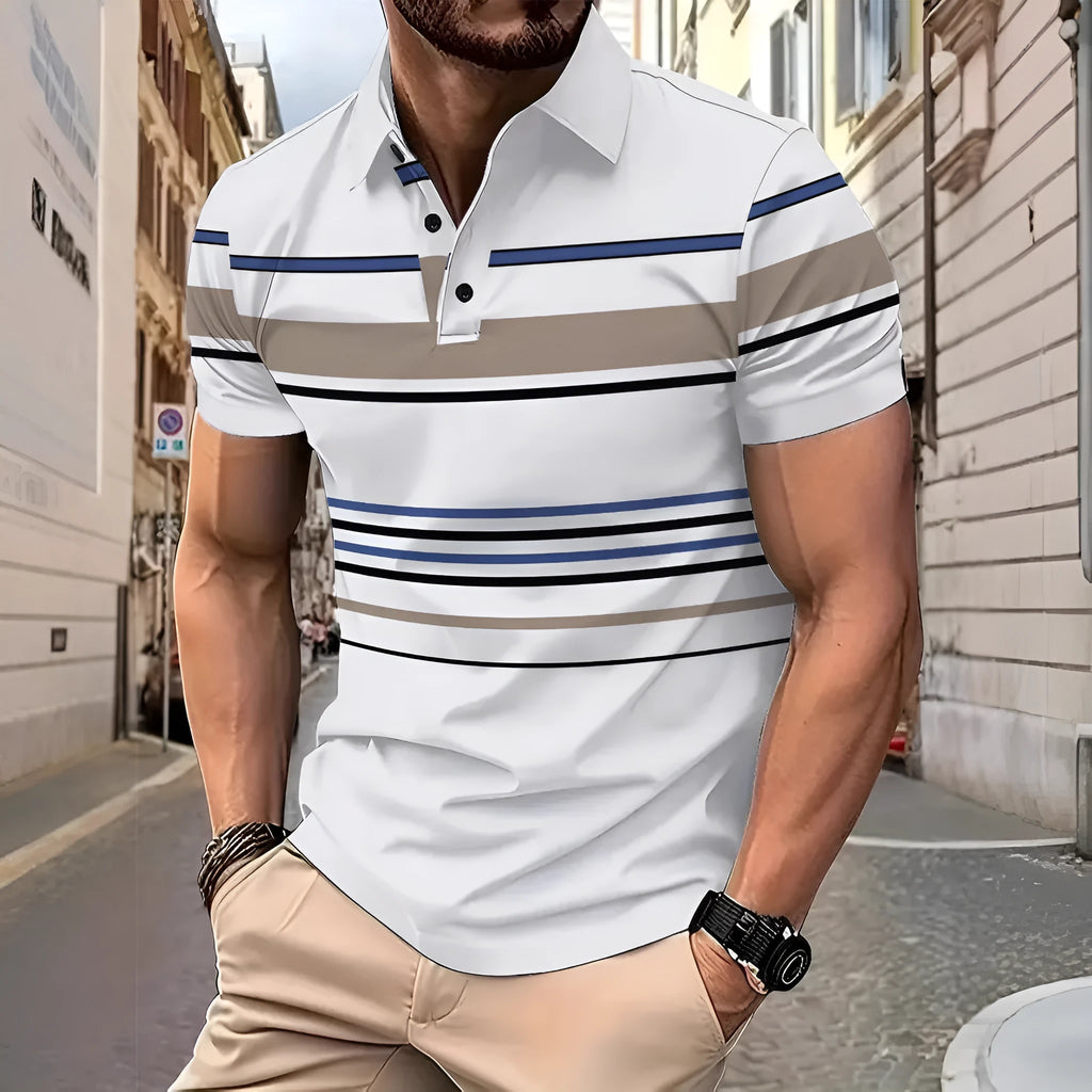 Men's white striped short sleeve t-shirt on a hanger