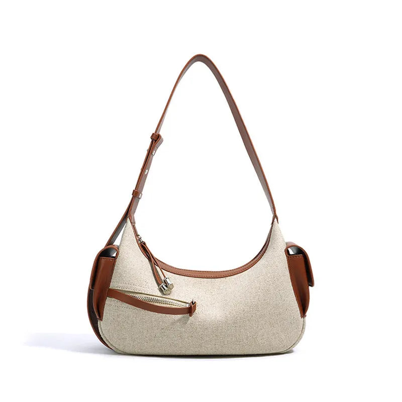 Women's genuine leather messenger bag in Linen Black with horizontal square shape and contrast stitching