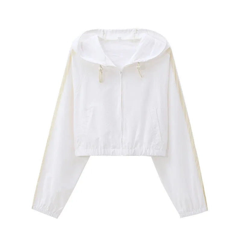 Women's hooded loose fit long sleeve sunscreen top in picture colour, polyester fabric, Asian sizes XS-L