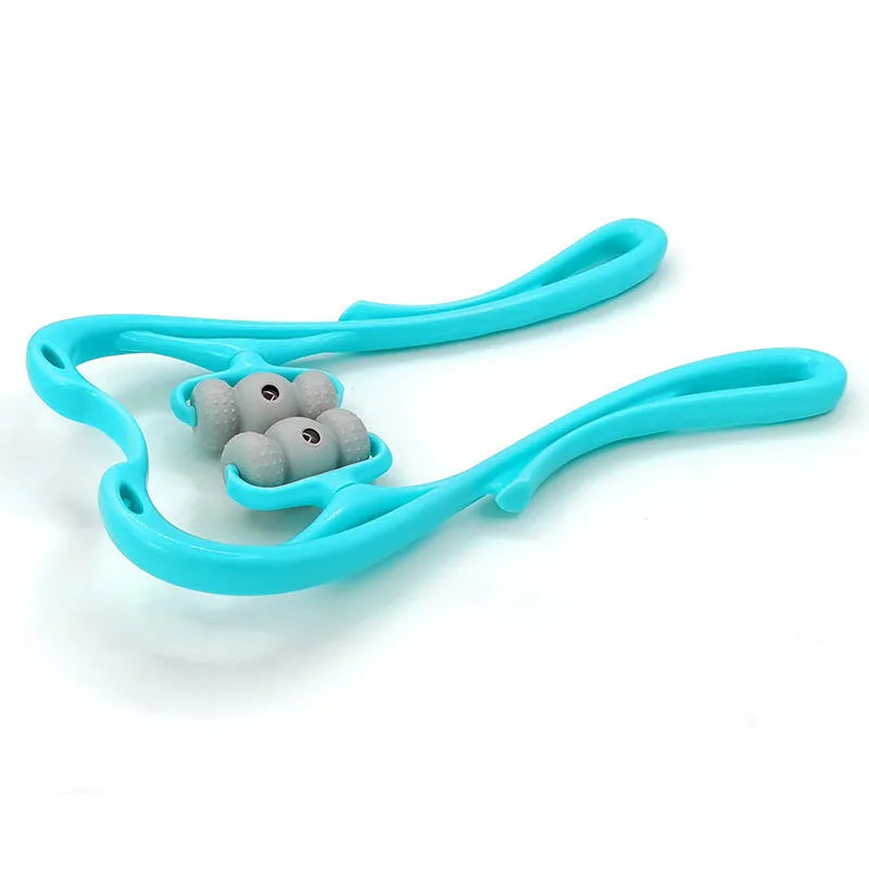 Blue handheld deep tissue neck massager with 360-degree roller and acupressure nodes on a white background.