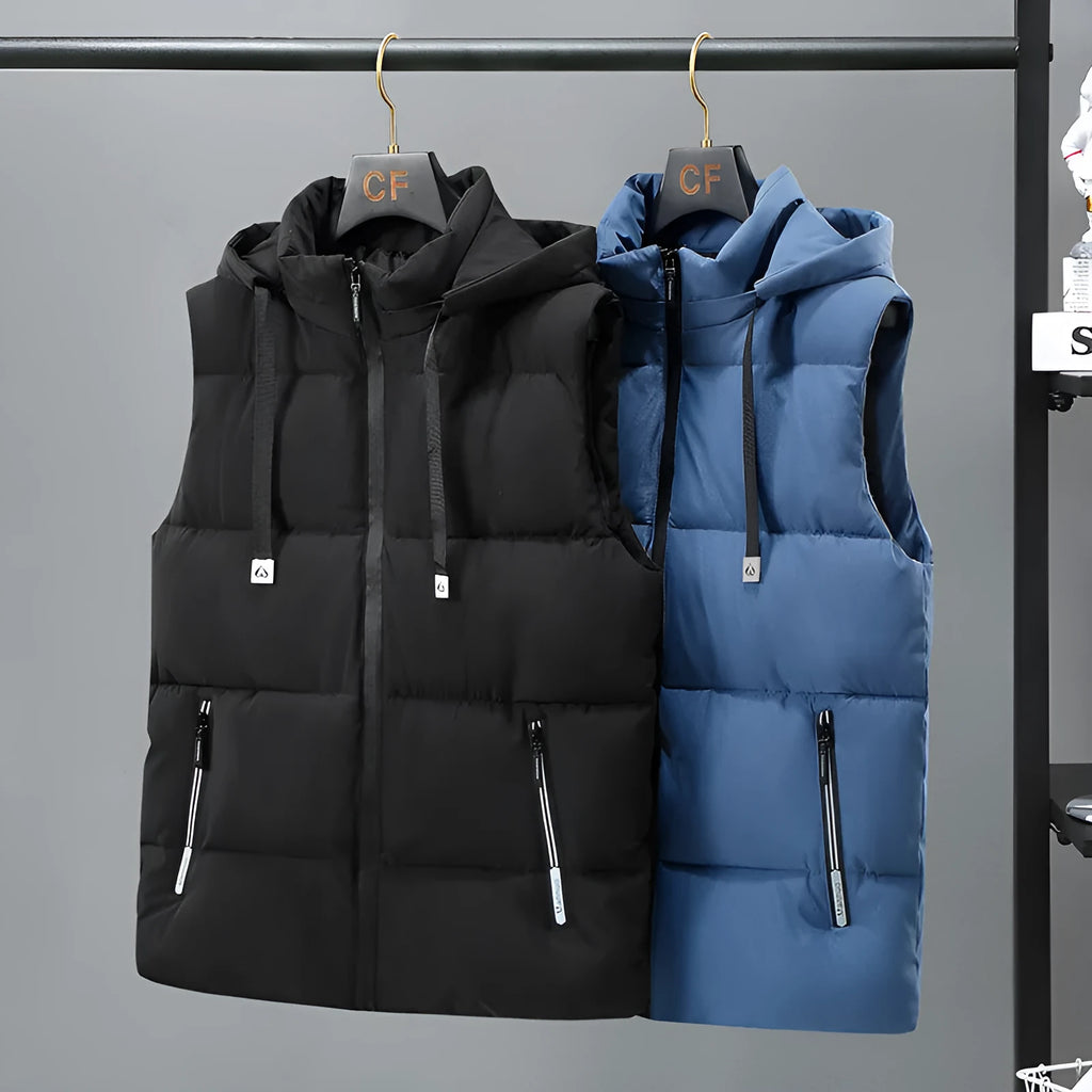 Men's thick polyester vest with removable cap in black or blue with straight hem design