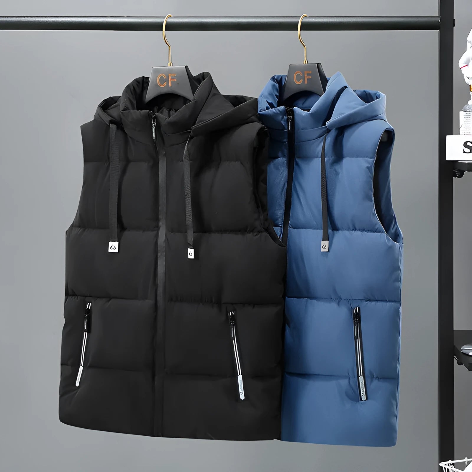 Men's thick polyester vest with removable cap in black or blue with straight hem design