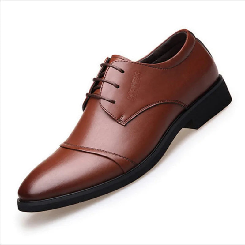 Men's black formal lace-up shoe with decorative stitching and a horse buckle on a rubber sole.