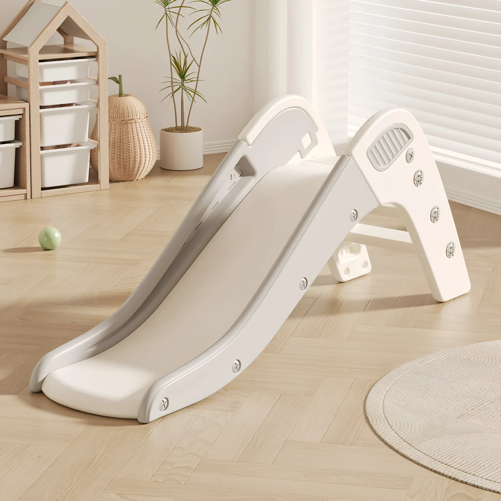Small plastic baby slide for toddlers under three, shown in blue, yellow, brown, and gray colour options.