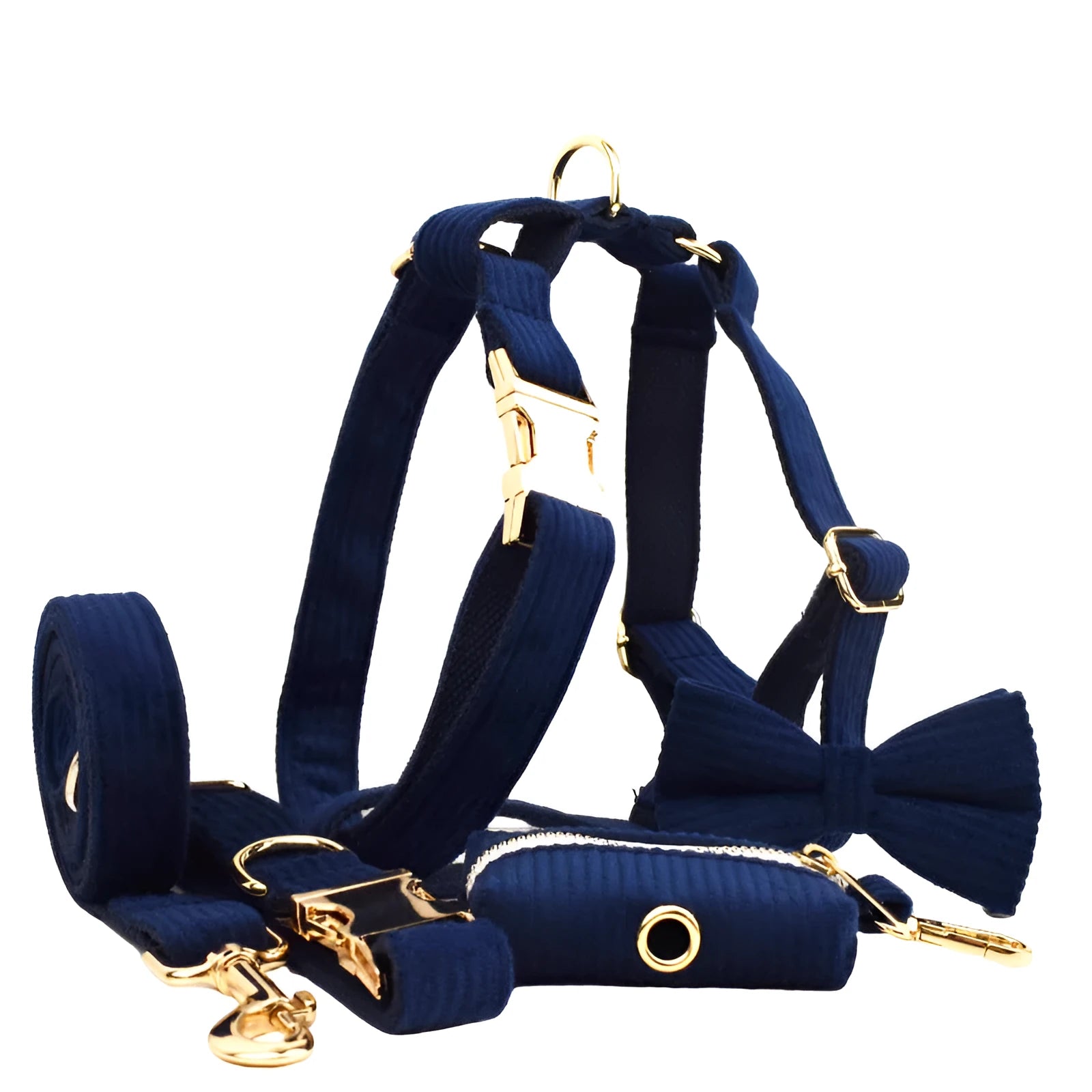 Navy blue corduroy dog collar and leash set with matching bow, vest, and poop bag