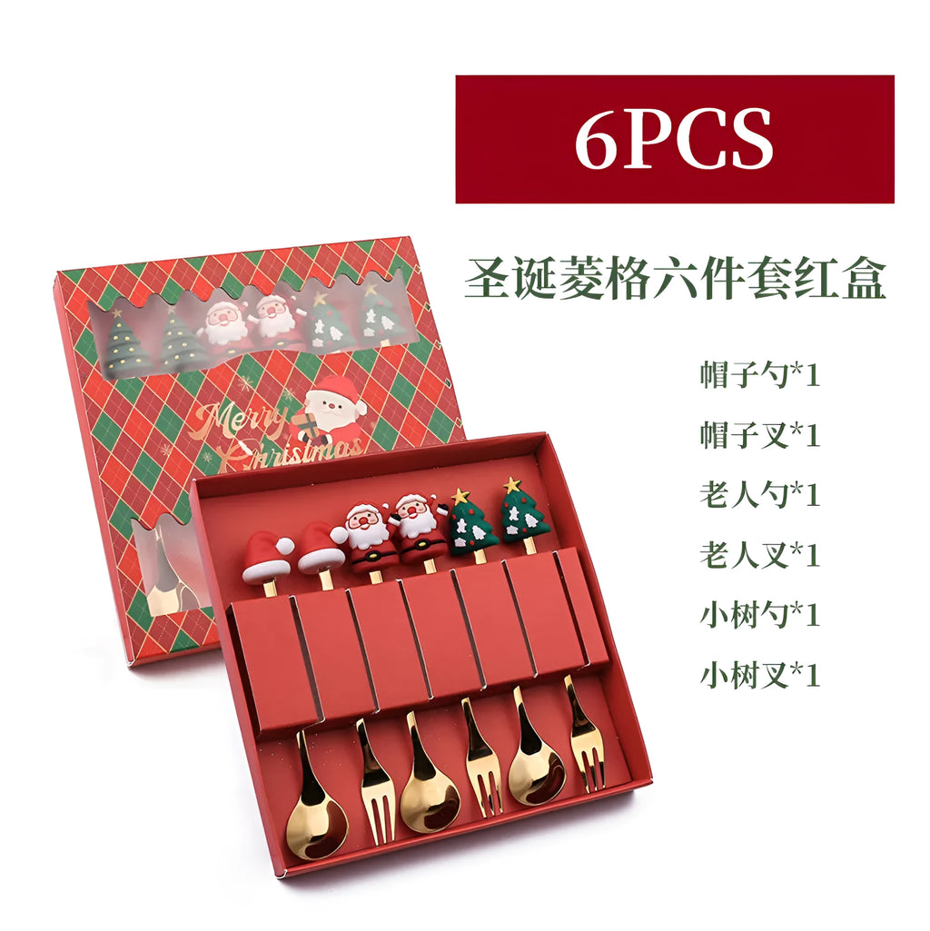 Red stainless steel Christmas spoon and fork set with tree and snowman handle designs