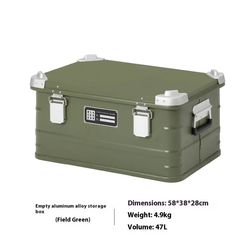 Field Green aluminium alloy outdoor storage box with dimensions 58x38x28cm for camping equipment