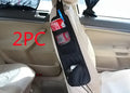 Black nylon car chair side bag with cup holder compartments installed on a vehicle seat
