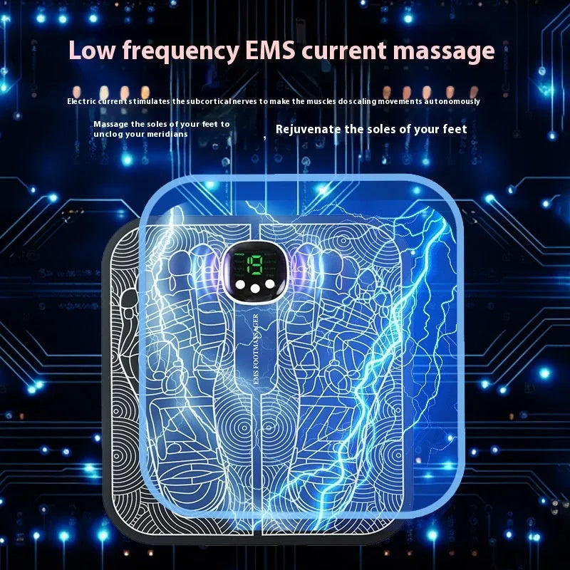 Blue rechargeable reflexology foot massager mat with remote control and USB cable