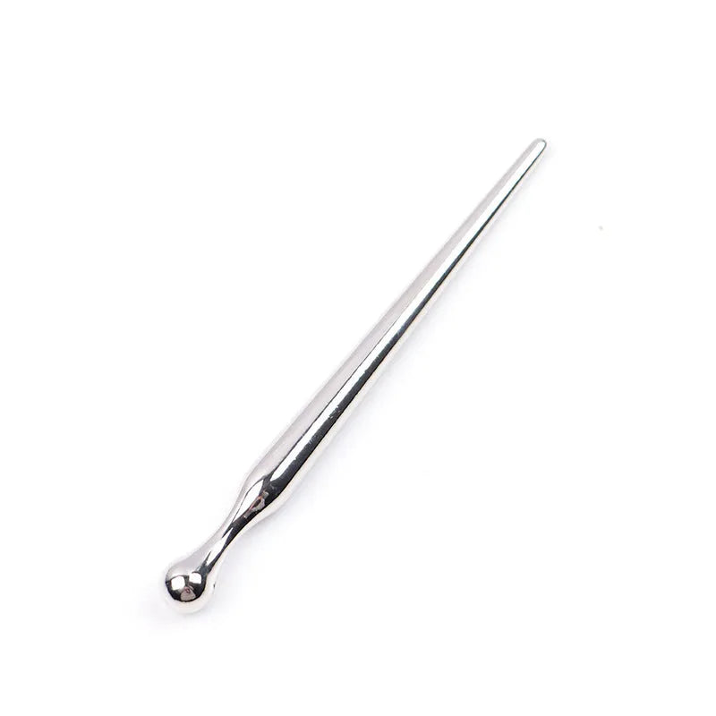 Silver metal urethral stimulation plug with round beads and a horse eye stick handle base.