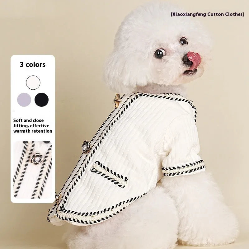 Cartoon print quilted dog coat in light purple colour for autumn and winter warmth
