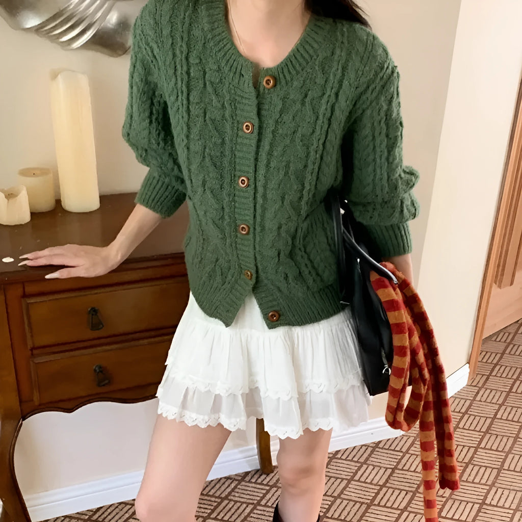 Thick knit twisted texture cardigan in beige with open front and short 40cm length