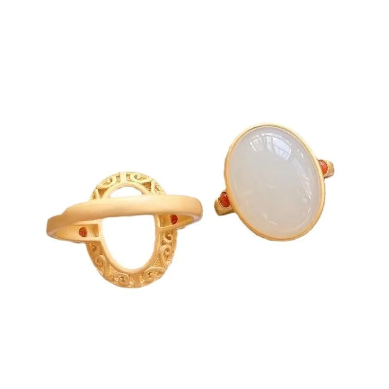 White electroplated copper ring with gilding and inlaid hetian jade egg noodle design for women