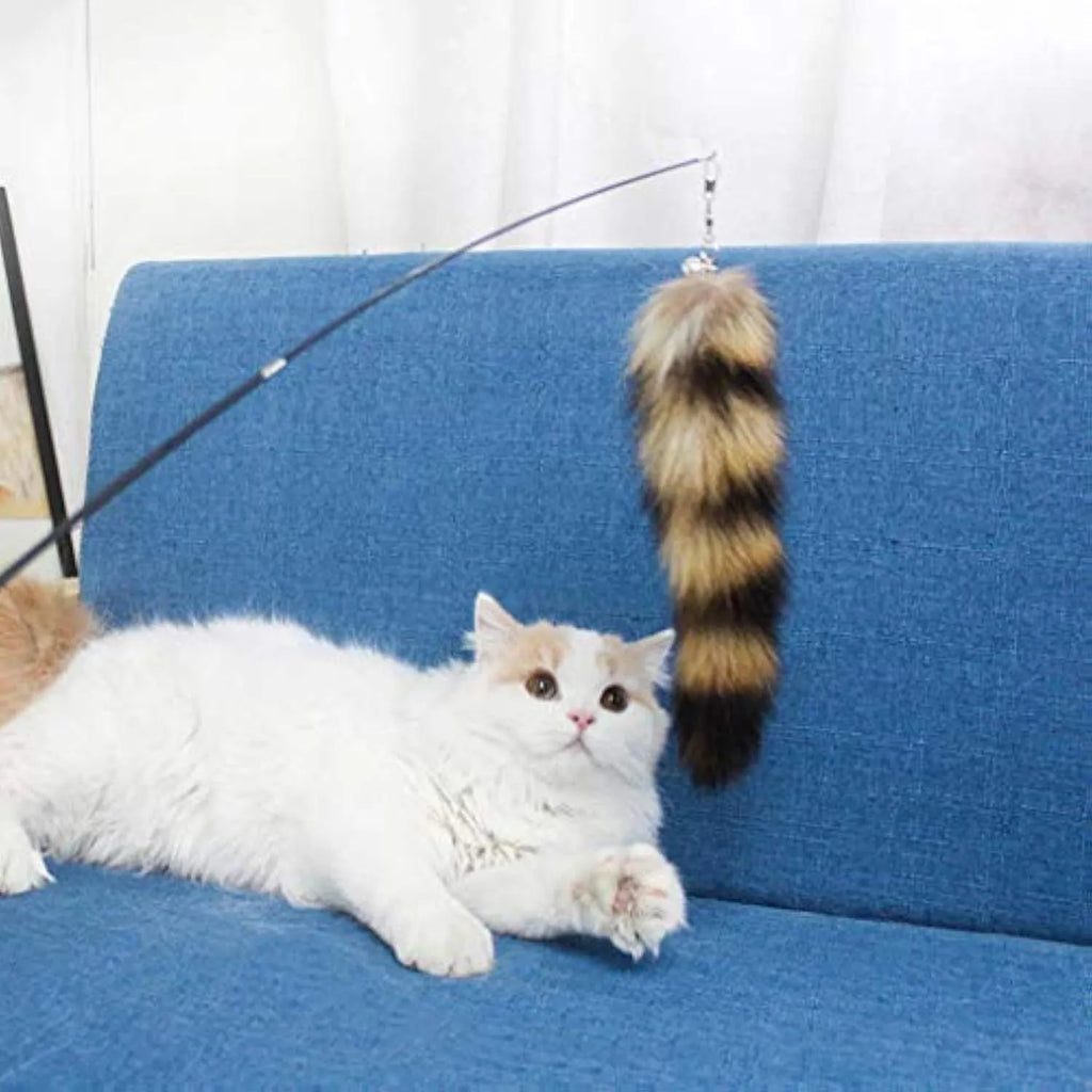 Black cat toy wand with elastic string and feather attachment for interactive feline play