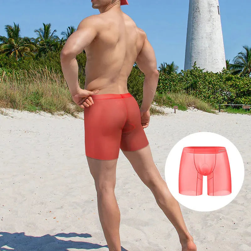 Men's ice silk boxers in orange, pink, and red colours with low waist design