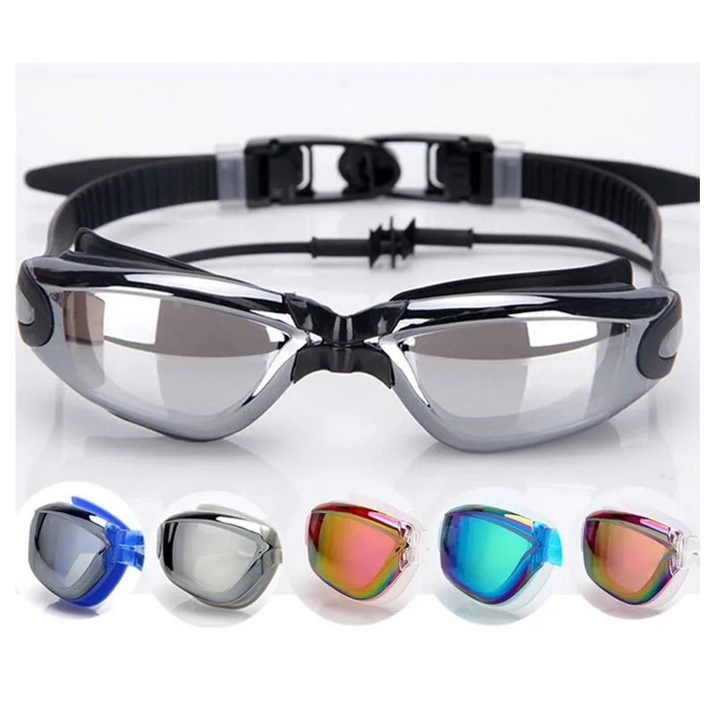 Classic style silicone swimming goggles with anti-fog PC lens on a blue background
