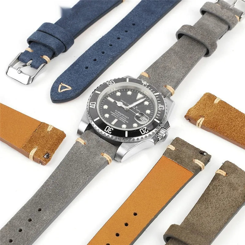 Small waist watch strap in genuine brown suede leather for a 20mm or 22mm watch.