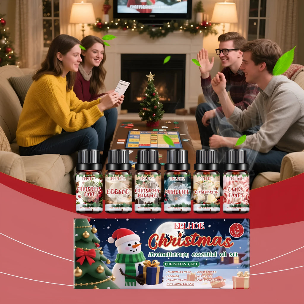Christmas aromatherapy oil set showing six 60ml bottles for home fragrance