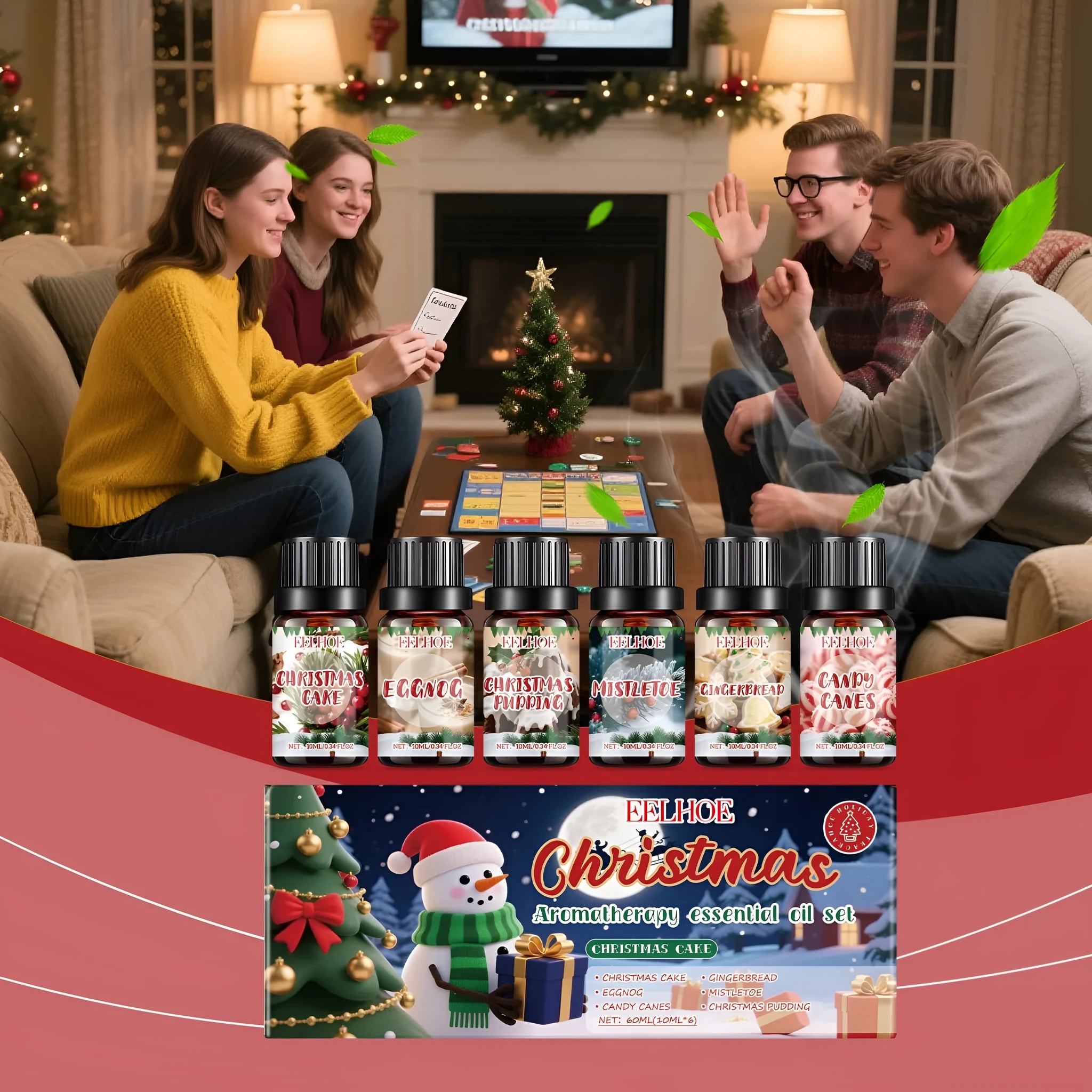 Christmas aromatherapy oil set showing six 60ml bottles for home fragrance