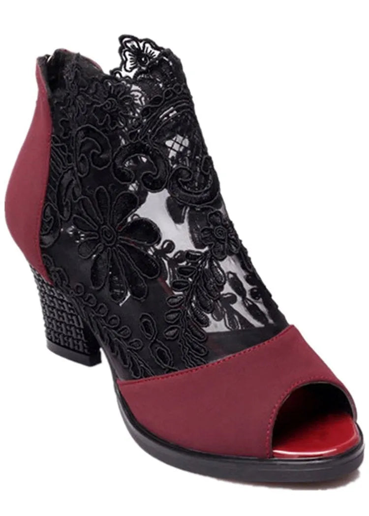 Women's black lace gladiator sandals with square high heel and adjustable zip closure