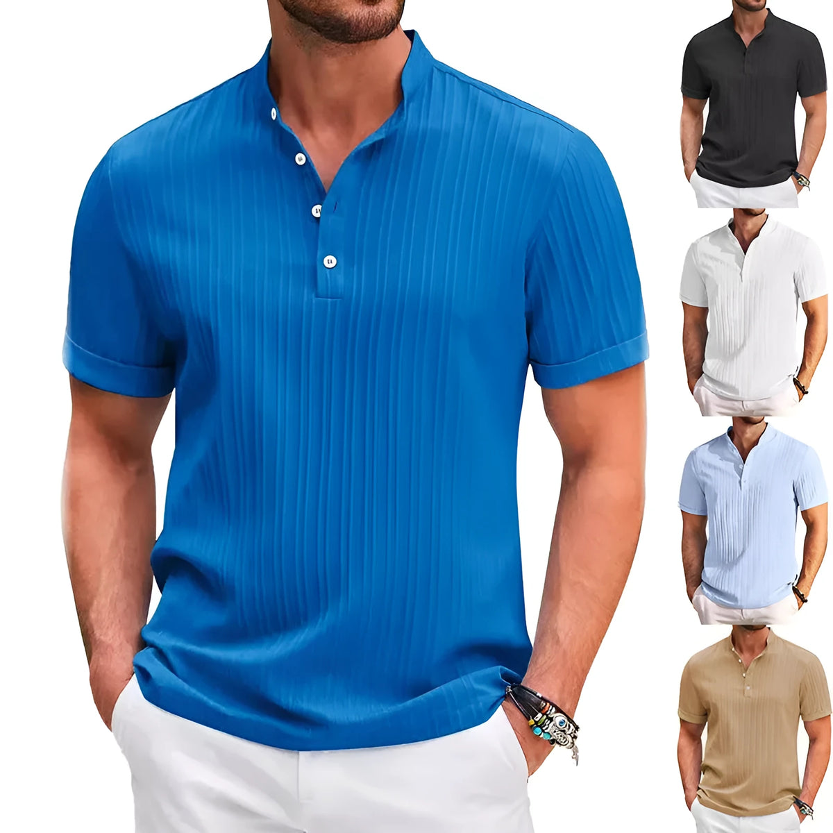Men's summer polo shirt, short sleeve stand collar button front, loose fit, solid colour, sizes S-XXXL