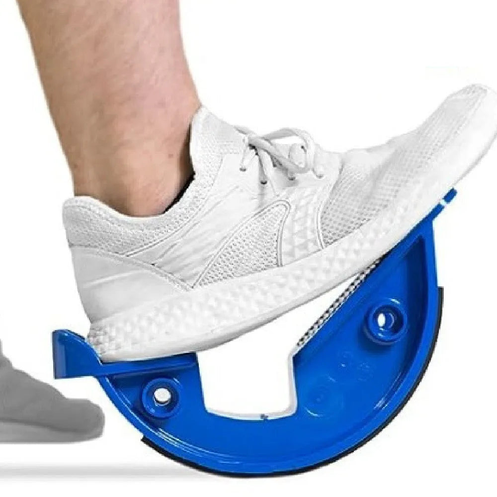 Royal blue lower leg stretcher with a diagonal foot pedal on an ABS plastic base.