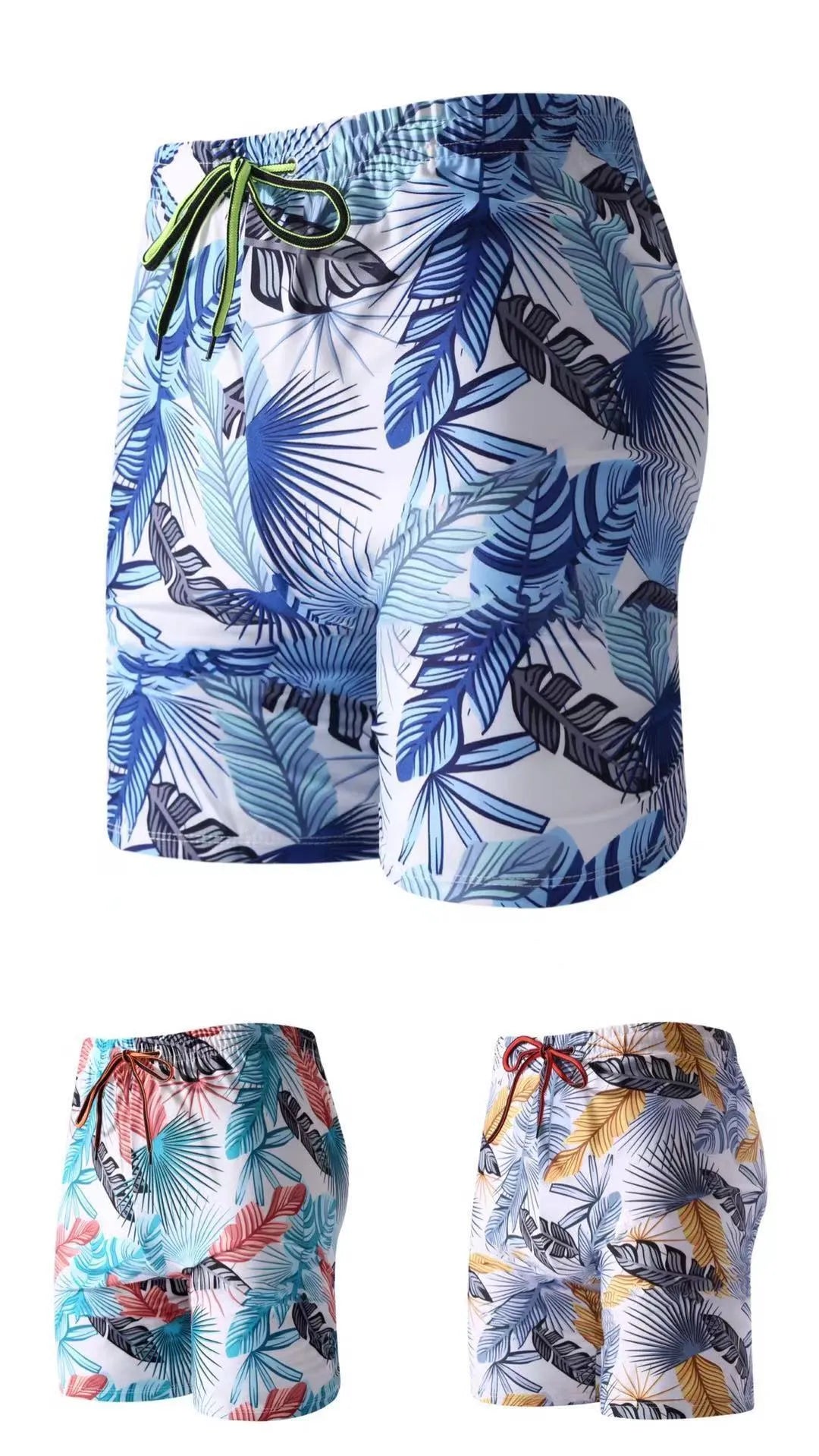 Men's blue leaf pattern cropped swimming trunks with polyester spandex fabric