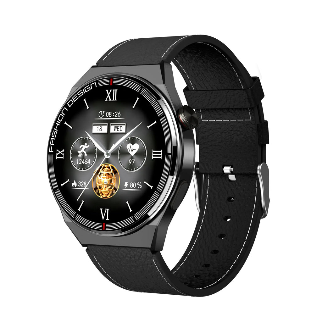 Black and silver Bluetooth smartwatch with 1.28-inch screen showing heart rate monitoring display