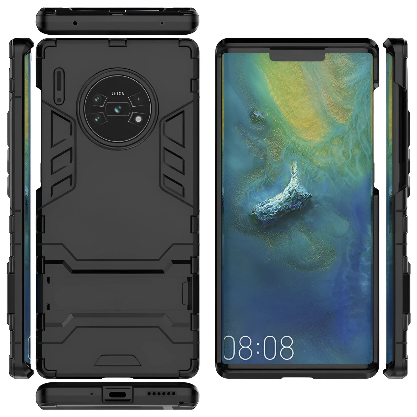 Drop-resistant TPU PC phone case with invisible bracket in pure black, compatible with Huawei models