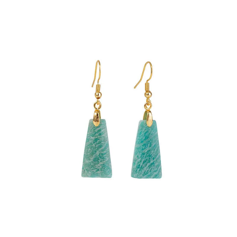 Amazonite rough stone trapezoid earrings with geometric design in gold and silver colours