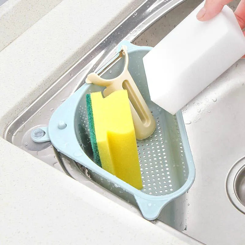Triangle kitchen sink storage rack with hollow design for sponge drainage