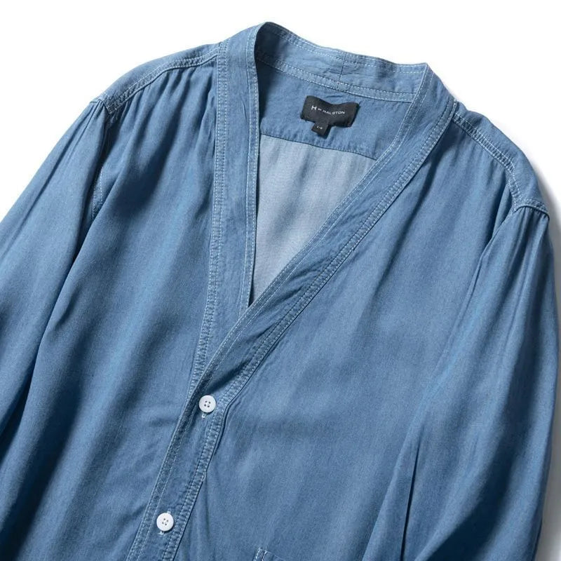 Men's dark blue casual coat with three-quarter sleeves and V-neck collar