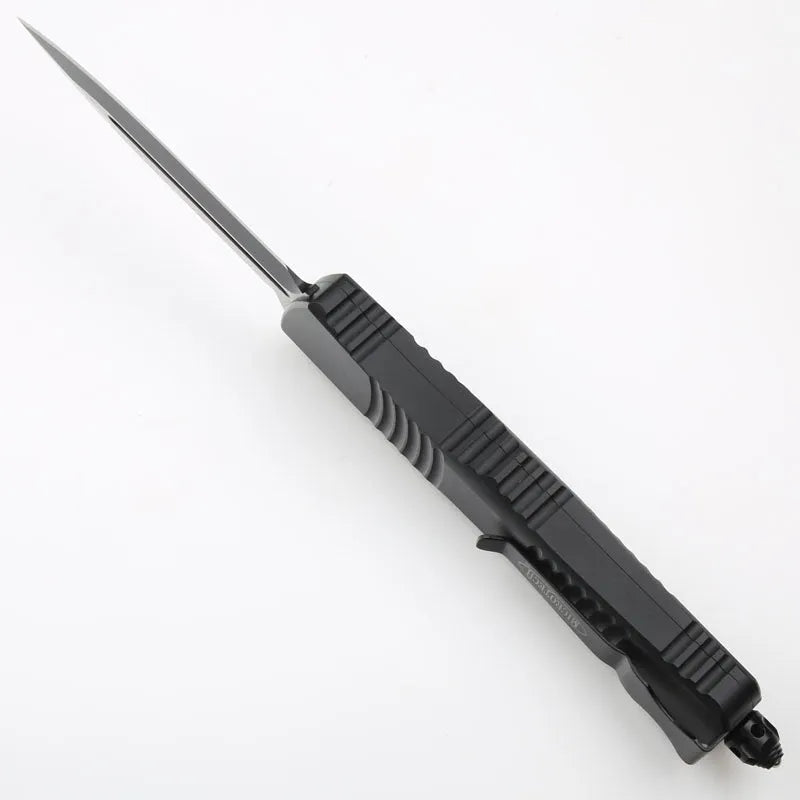 Folding knife with D2 steel blade, black and white wire drawing 6061 aluminium handle, 24cm total length and 148g weight