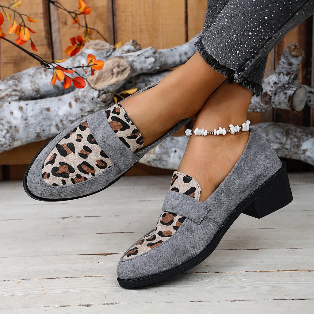 Leopard print suede slip-on shoe with chunky mid heel and pointed toe in pink colour