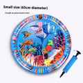 Blue inflatable pet water bed with dolphin design, showing water filling port.