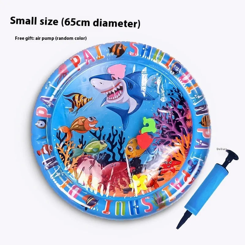 Blue inflatable pet water bed with dolphin design, showing water filling port.