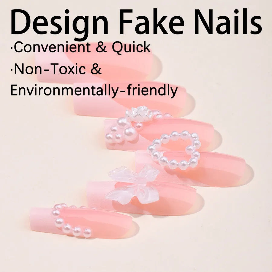 French Love Pearl fake nails set showing 24 artificial nail stickers with love pattern