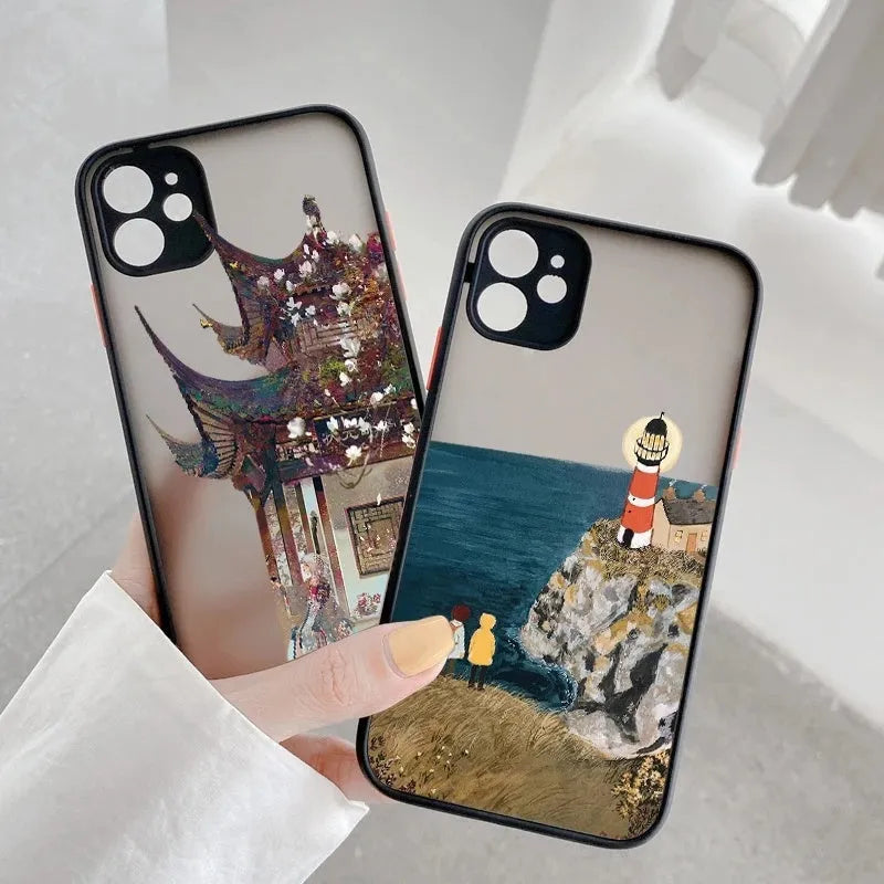 Vintage cartoon scenery girl phone case displayed on iPhone showing Japanese and South Korean inspired print