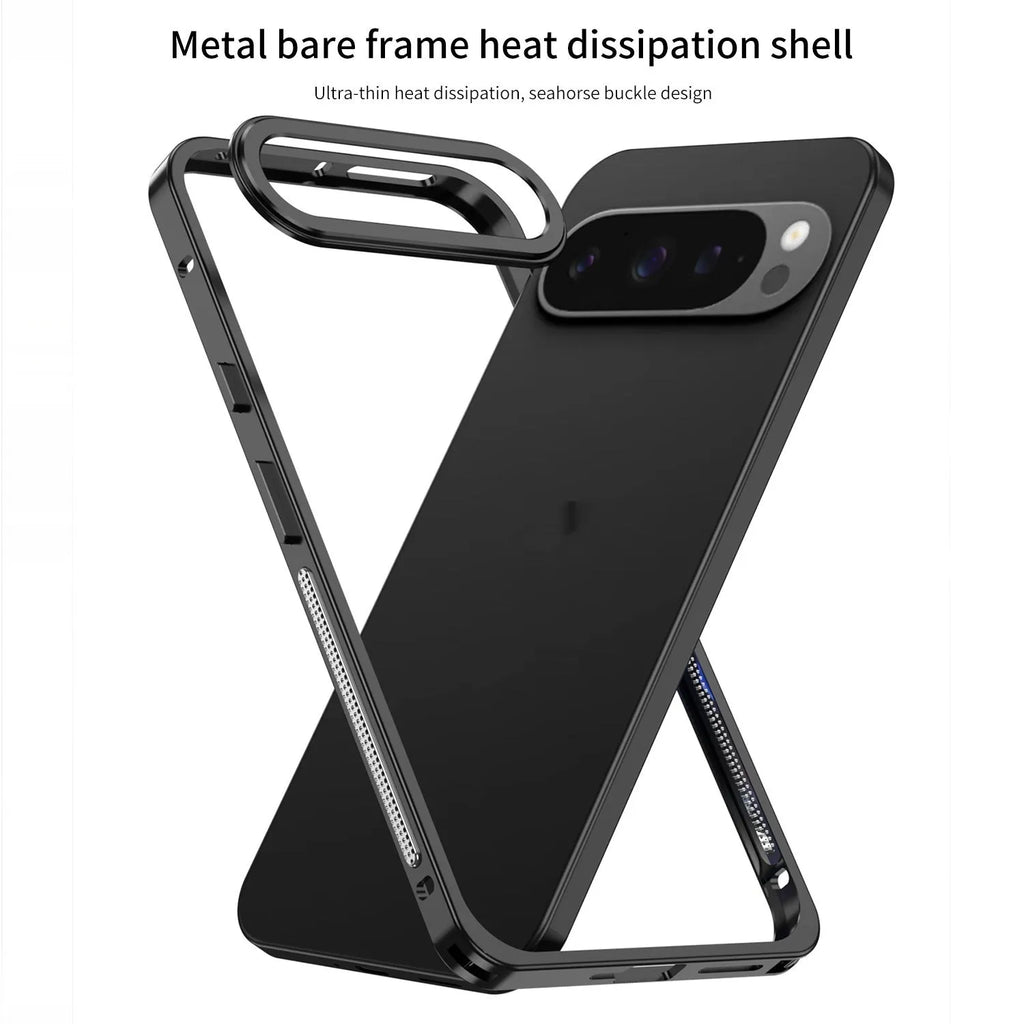 Aluminum alloy heat dissipation phone case for Google Pixel 9 in black, showing half-pack design and bracket.