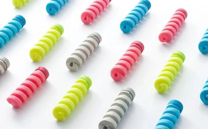 Plastic charging cable protector in various colours, showing its 3.5cm length.