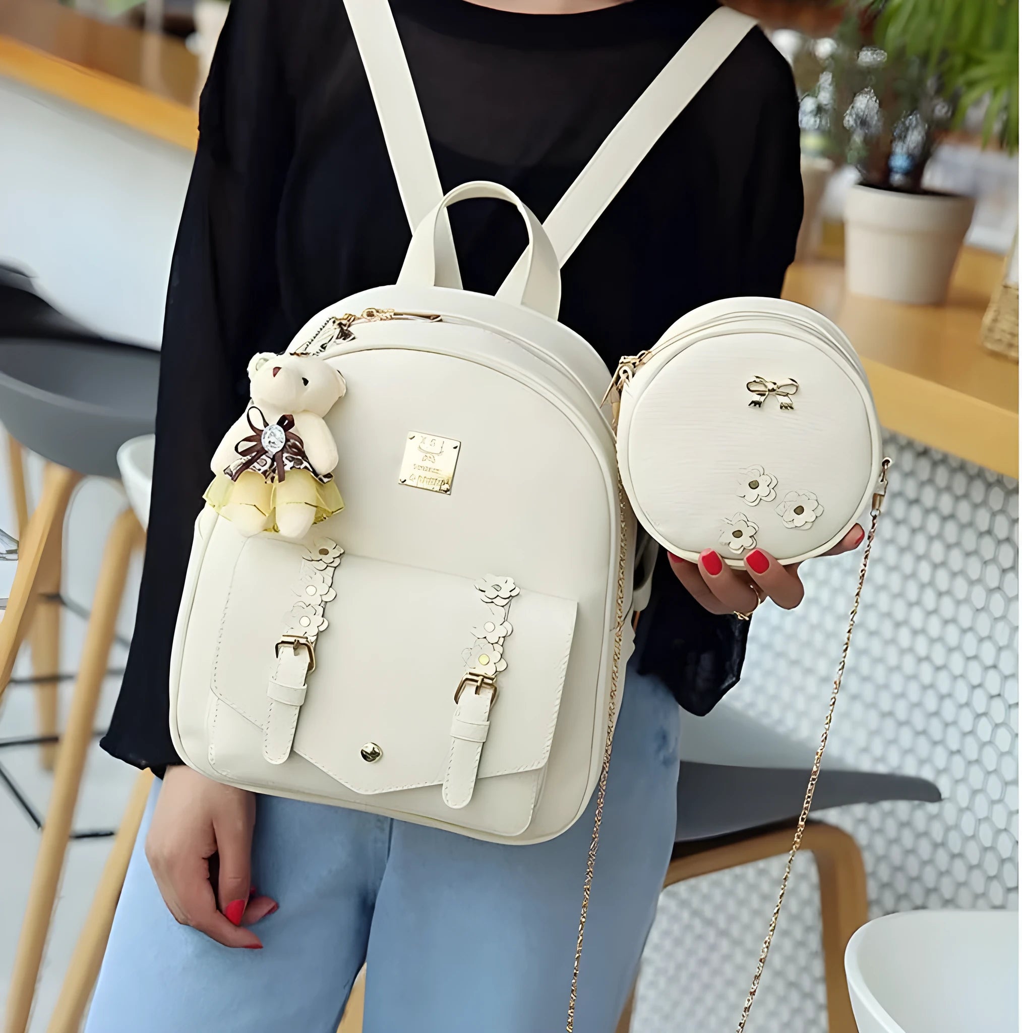 Women's floral print Pu leather backpack set with matching shoulder bag and card wallet