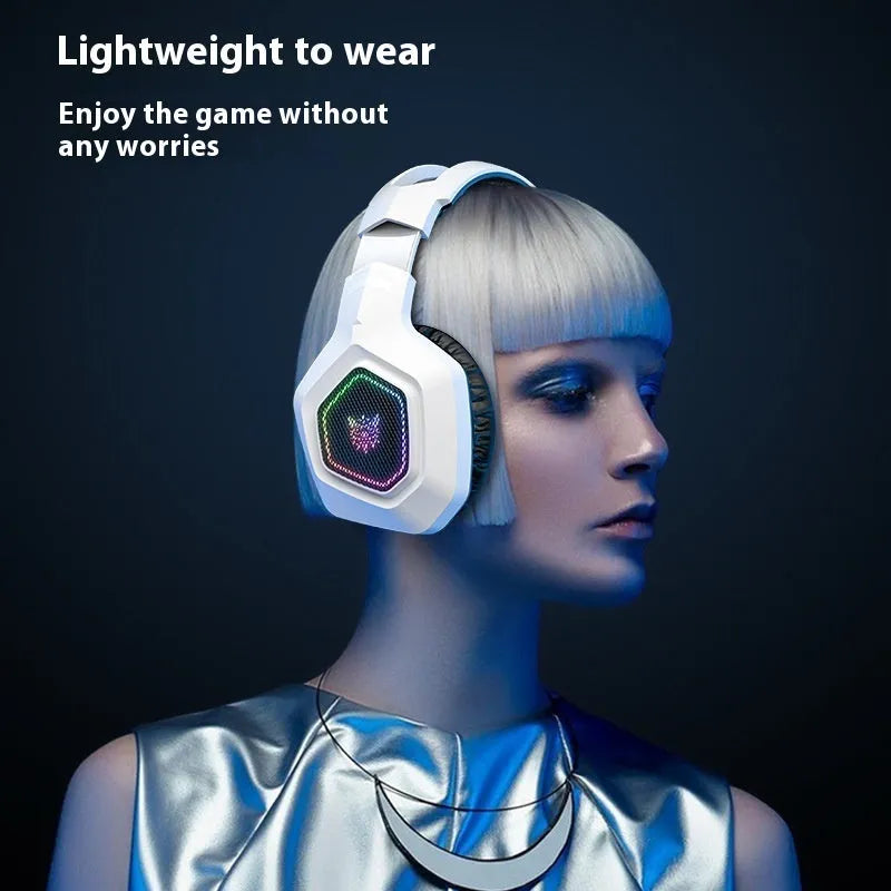 Black and white wireless gaming headset with RGB lighting, showing lightweight 24g design
