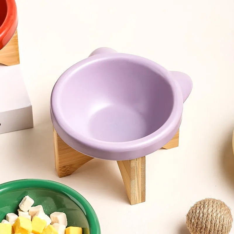 Porcelain cat bowl in matte purple single-grid design on a flat surface
