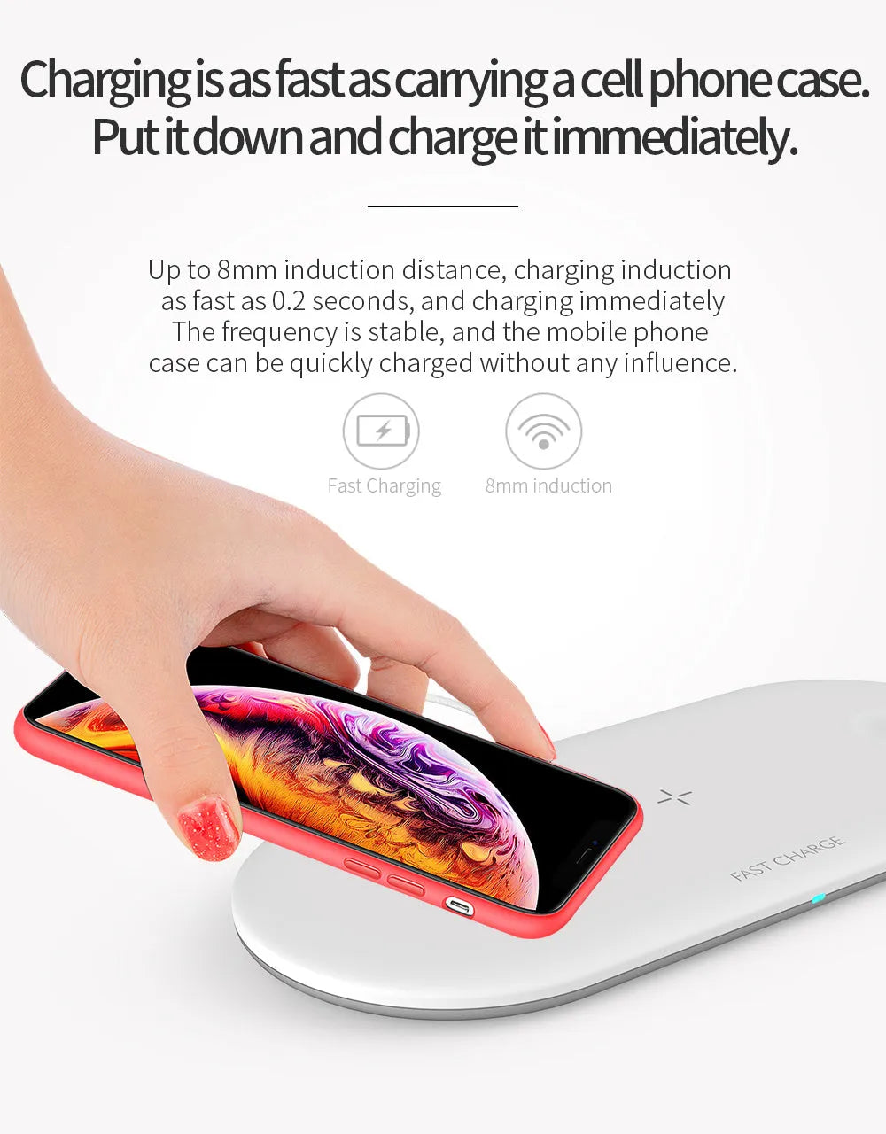 Black three-in-one wireless charging station for Apple mobile phone, iWatch and headphones on desktop