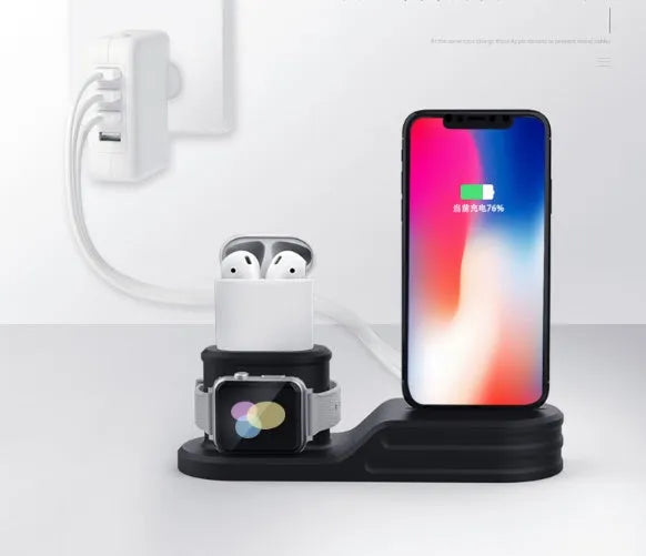 3 in 1 silicone charging stand for mobile phone, watch and headset on desk, compatible with iPhone