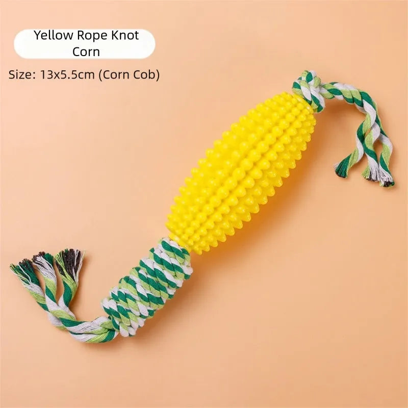 Corn-shaped dog chew toys in yellow and green with rope knots and a yellow ball for small to medium dogs