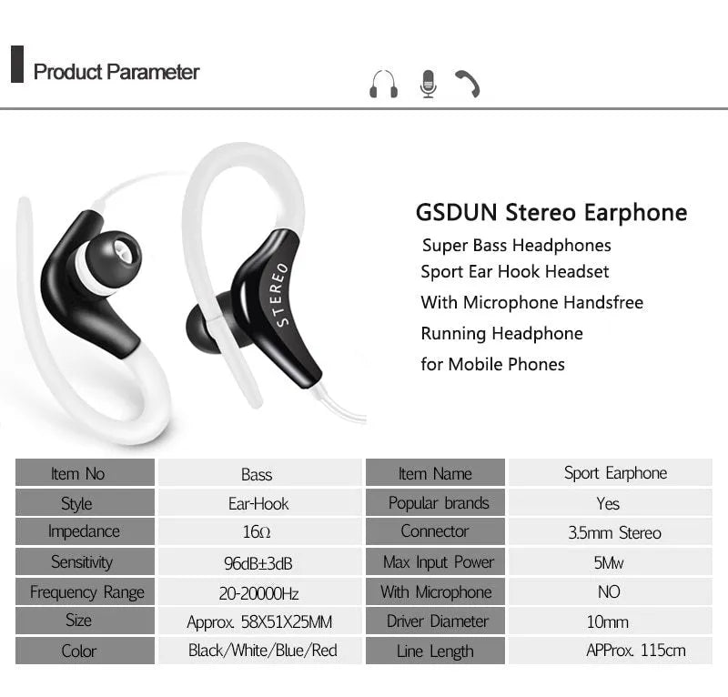 Earhook sports headphones with wired connection and over-ear hooks in multiple colour options