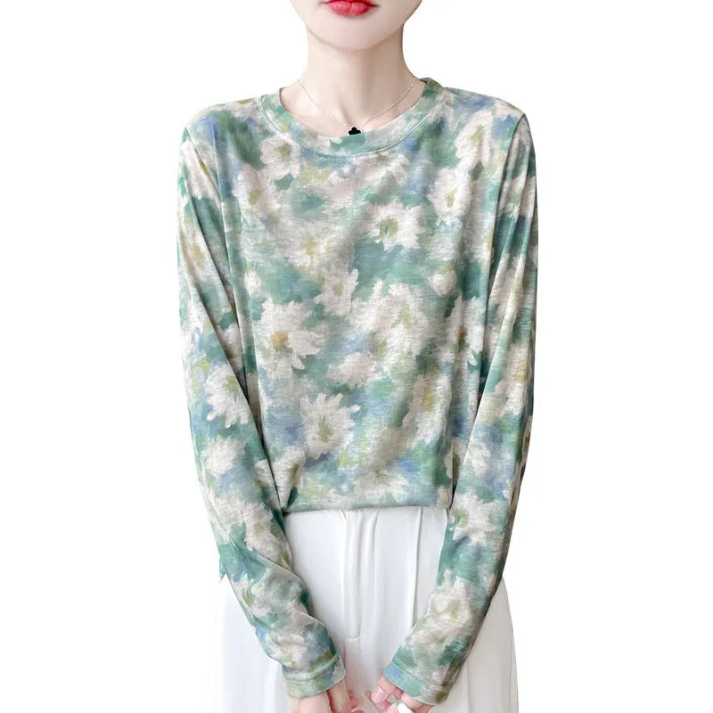 Women's round neck pullover blouse with floral print in Tencel cotton fabric